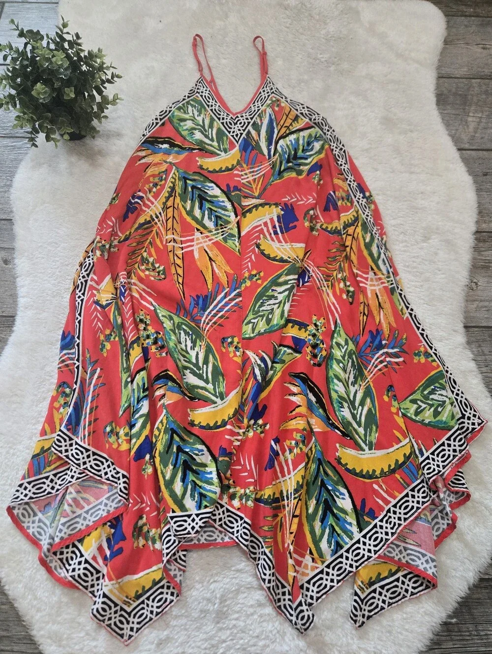 Jealous Tomato Coral Red Tropical Halter Handkerchief Hem Boho Midi Dress, XS